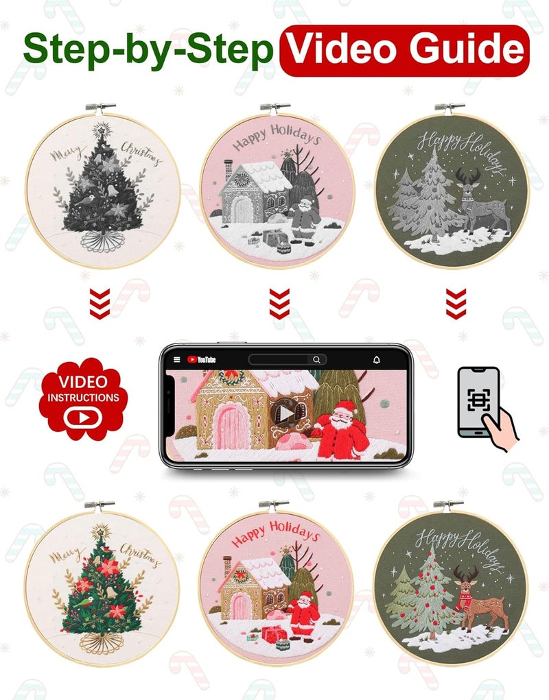 Santune Embroidery Kit - 3pcs Christmas Embroidery Patterns for Beginners with Instructions Cross Stitch Kits for Adults with 1 Embroidery Hoops, Color Threads and Needles, Good Hobbies for Women - Image 3